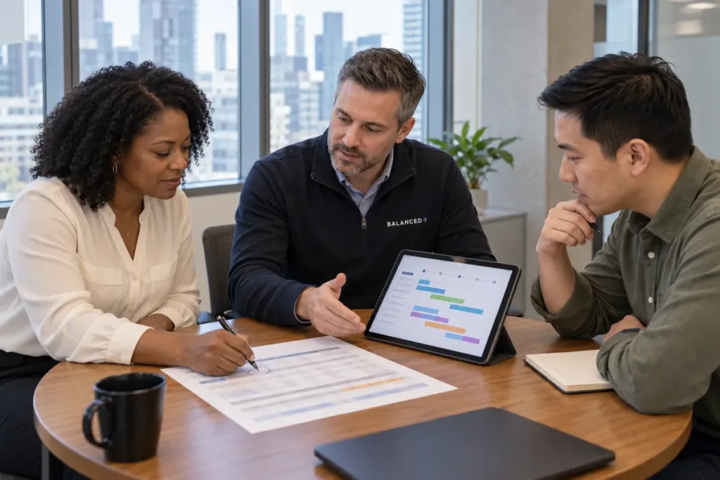 BALANCED+ vCIO reviewing a multi-year IT roadmap and budget with a Toronto client's finance lead.