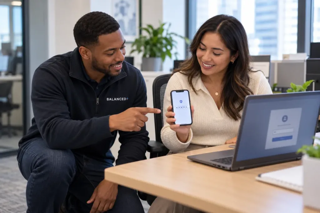 BALANCED+ technician helping a client employee set up a sign-in code on her phone.