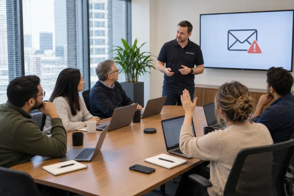 BALANCED+ security trainer leading a short awareness session with a client's staff in a meeting room.