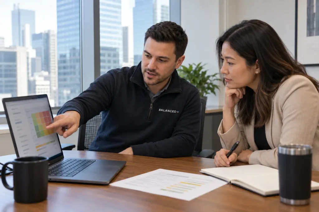BALANCED+ security lead walking a client's IT manager through a ranked list of security risks.