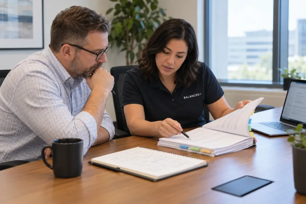 BALANCED+ consultant reviewing printed security policy documents with a client's operations manager.