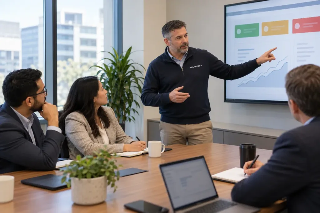 BALANCED+ security lead presenting a plain-language risk summary to a client's leadership team in a boardroom.