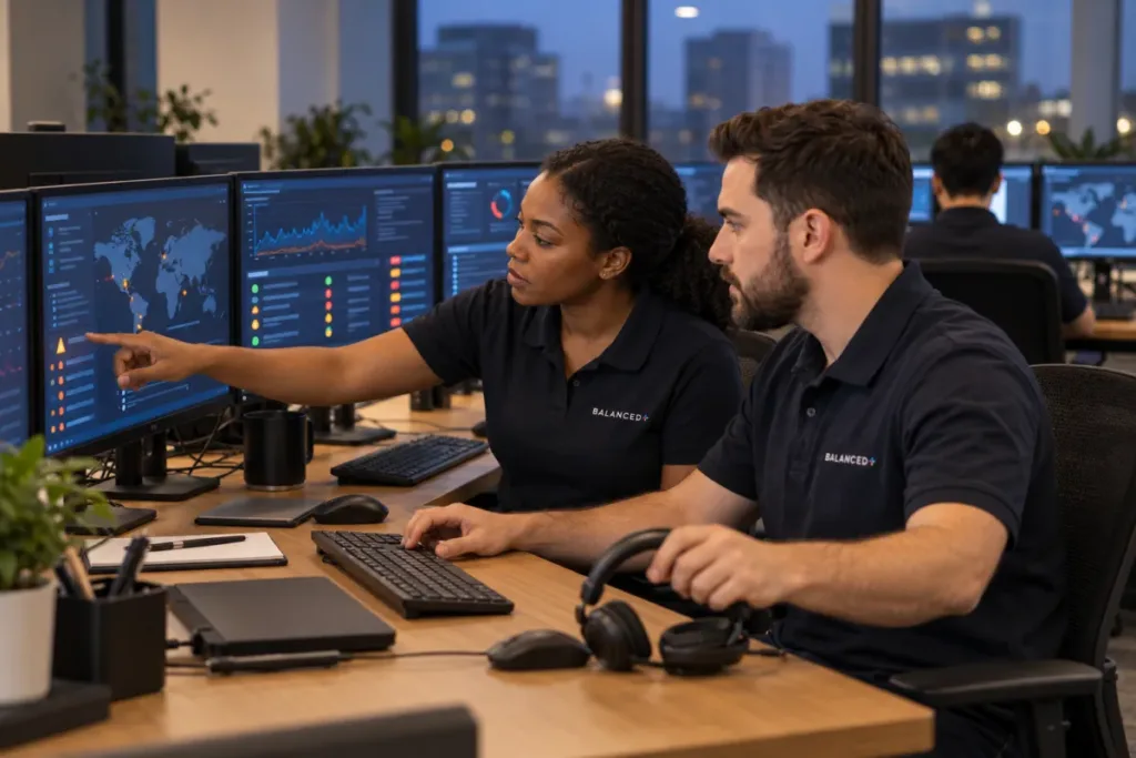 BALANCED+ security analysts monitoring client sign-ins and devices in the security operations centre.