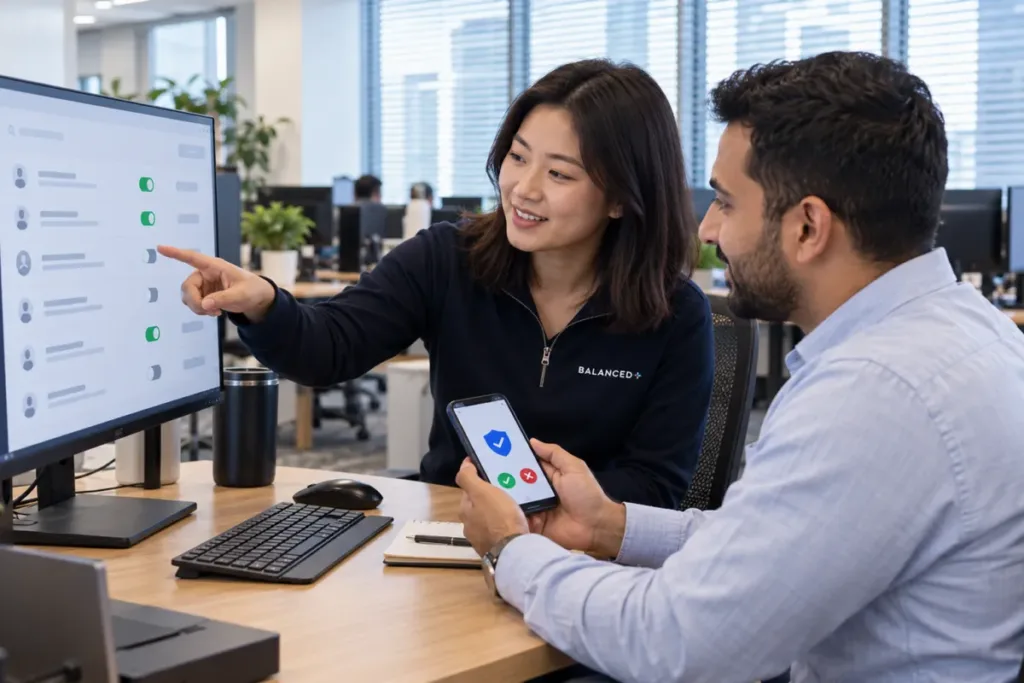 BALANCED+ engineer reviewing account sign-in settings with a client's IT manager.