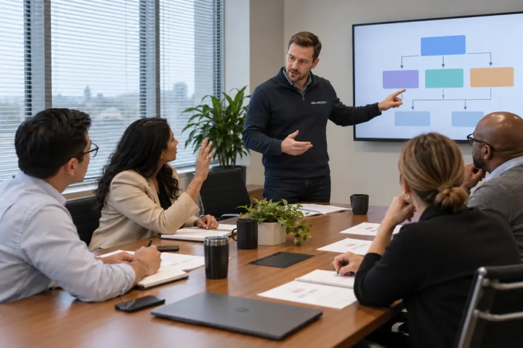 BALANCED+ consultant running an incident readiness session with a client's leadership team in a boardroom.