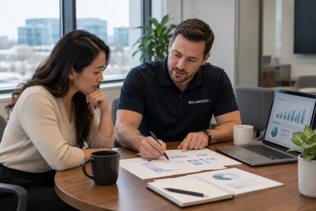 BALANCED+ advisor reviewing a hardware and licence quote with a client's operations lead.
