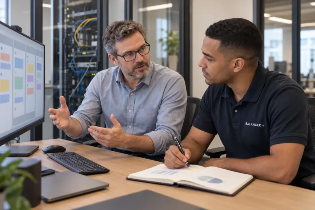 BALANCED+ consultant working through a project plan with a client's in-house IT manager.