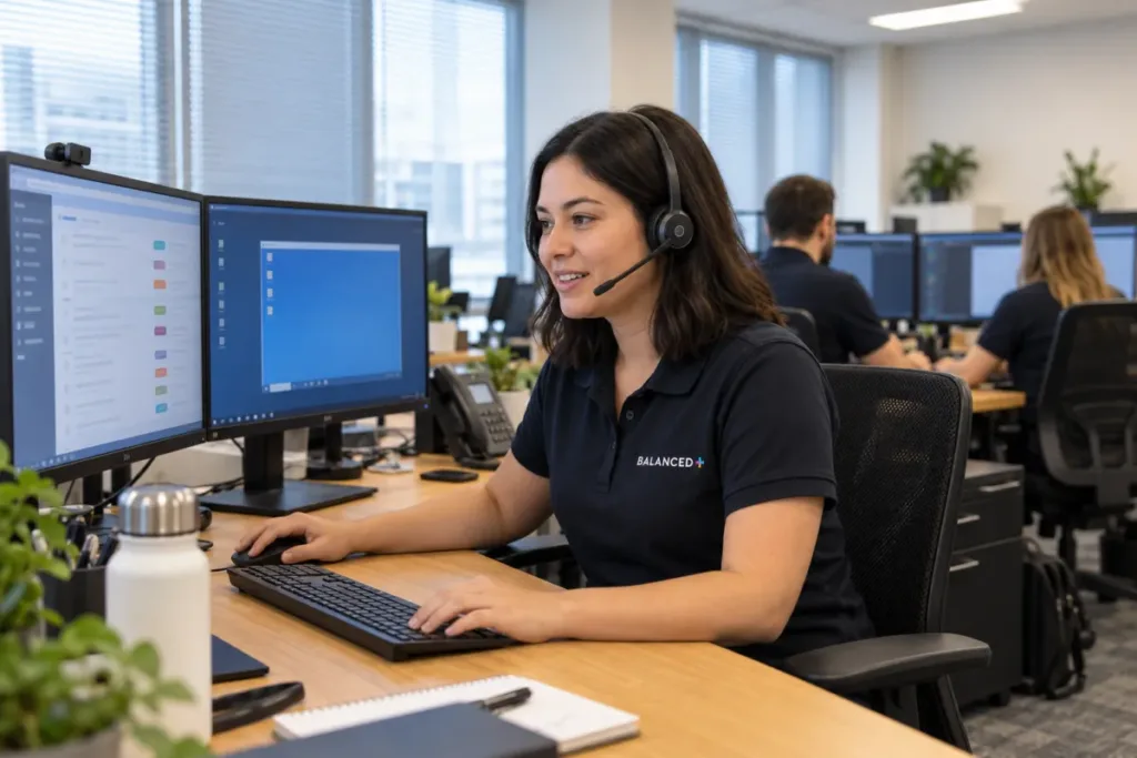 BALANCED+ help desk technician on a headset resolving a client staff request remotely.