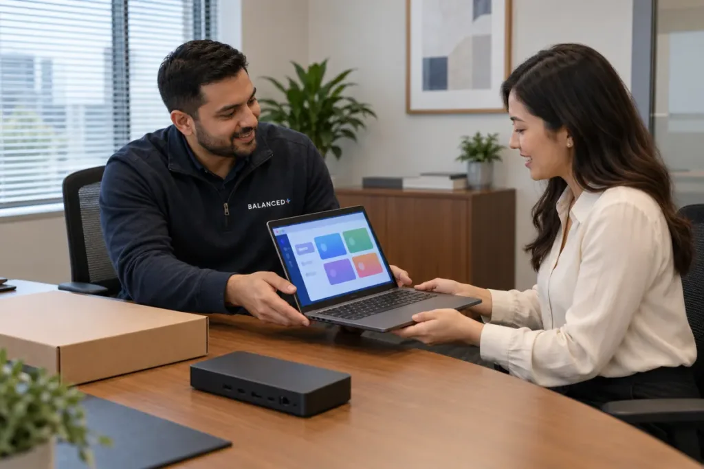 BALANCED+ technician setting up a new laptop for a client's new employee.
