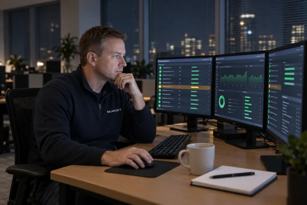 BALANCED+ security analyst watching client systems overnight in the security operations centre.