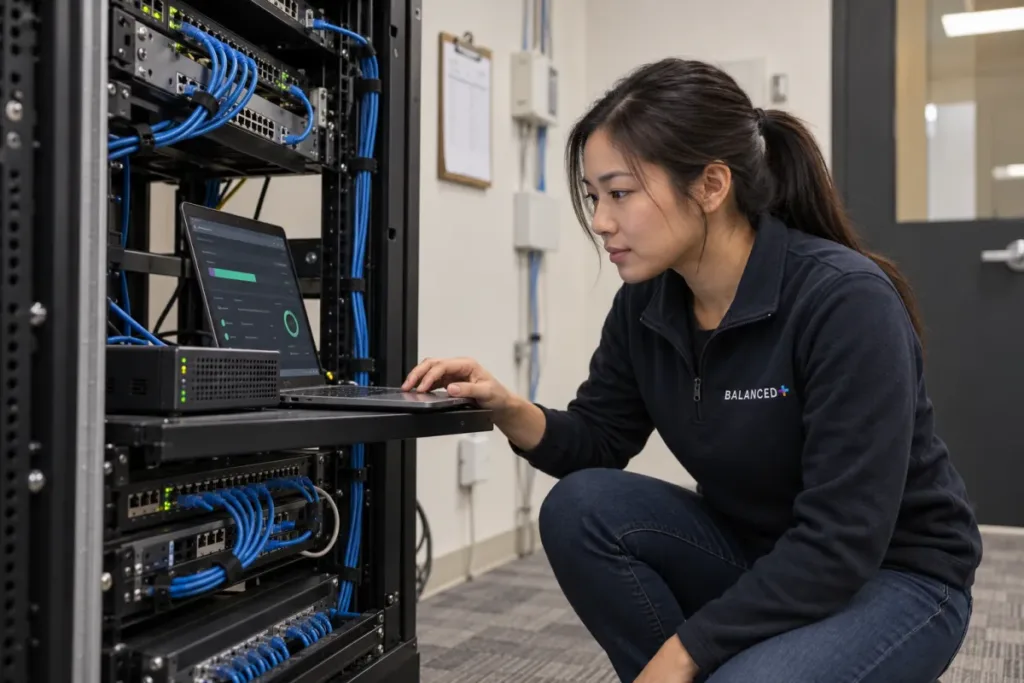 BALANCED+ network engineer updating a client's firewall in a comms room.