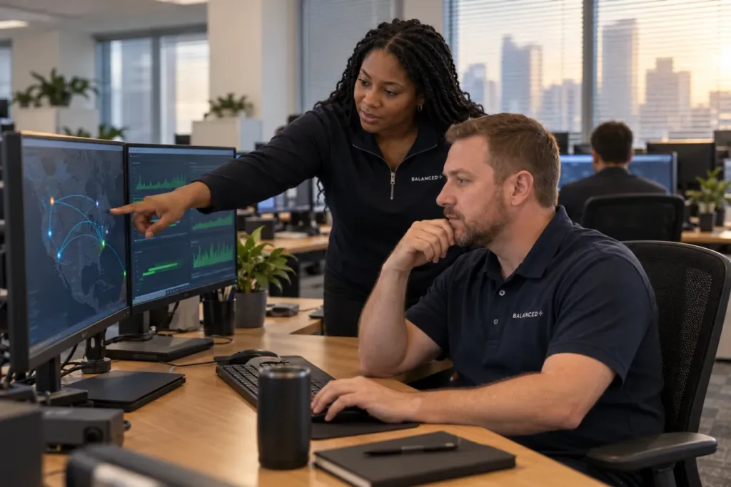 BALANCED+ engineer monitoring connections between a client's offices and remote staff.