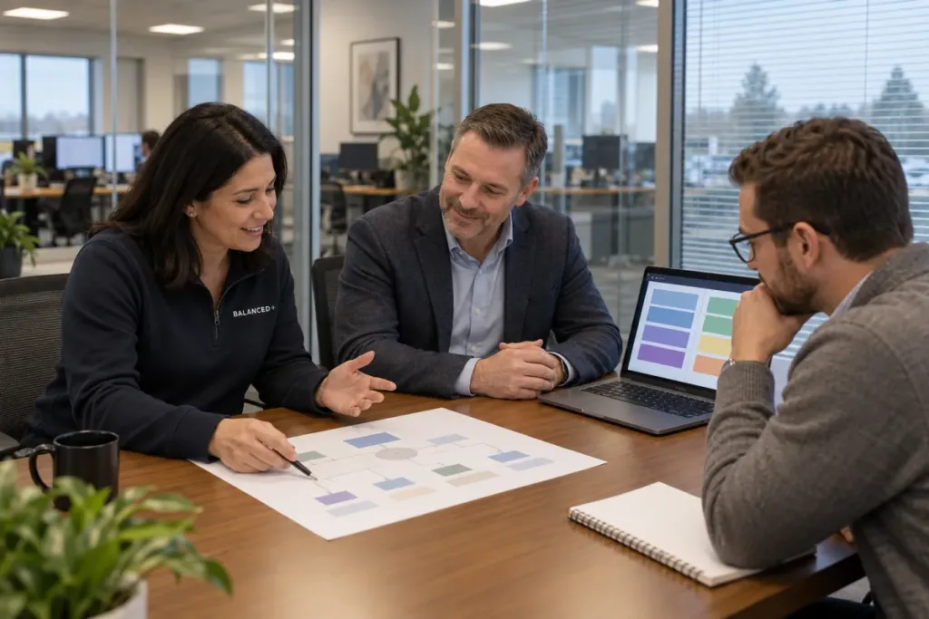 BALANCED+ account lead meeting a client's owner and operations manager to agree what IT work is outsourced.