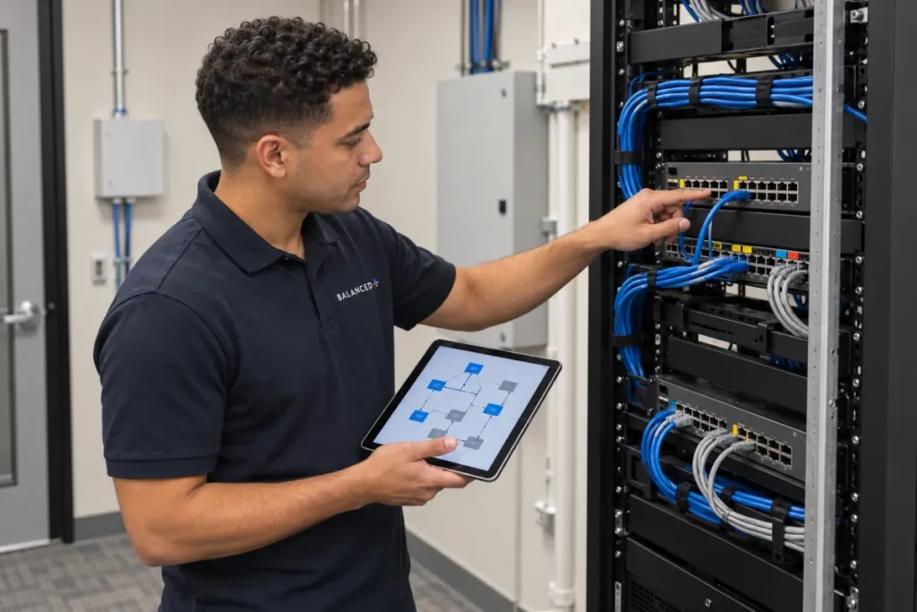 BALANCED+ technician documenting a client's network rack and systems.