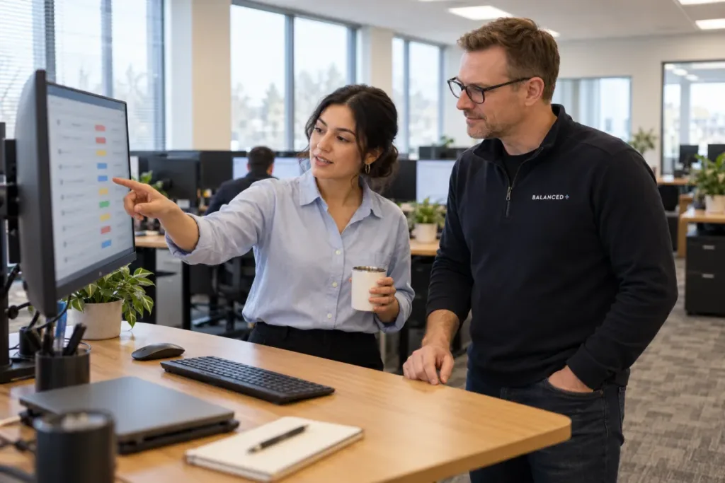 BALANCED+ help desk technician handing over a ticket to a client's in-house IT person.