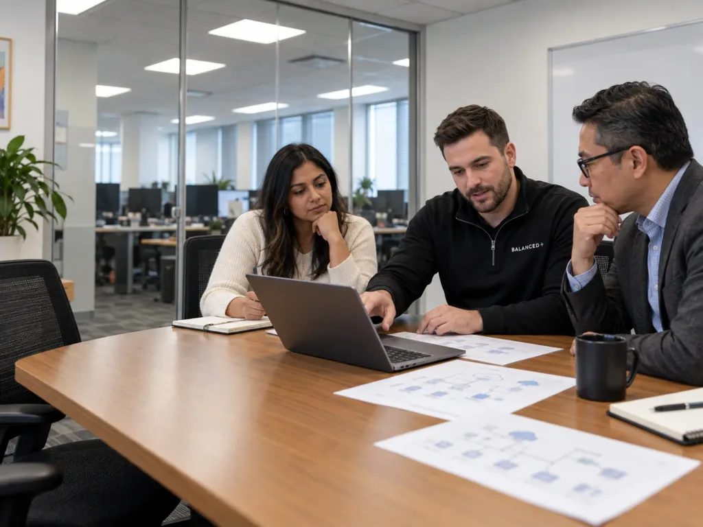 BALANCED+ advisor reviews an outsourced IT plan with business leaders in a Mississauga boardroom
